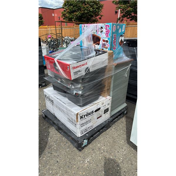 PALLET OF ASSTD. ITEMS: KRAUS DOUBLE SINK, FAN, FUR REAL DOG, BLACKSTONE TABLE TOP GRILL & MORE