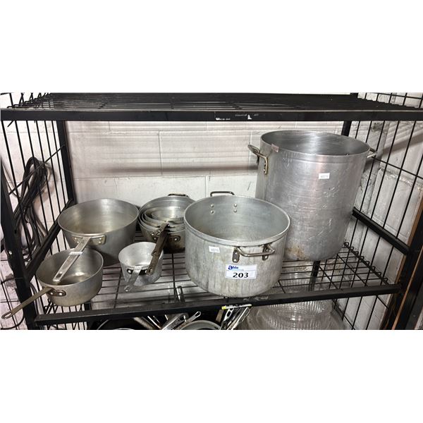 SHELF OF ASSORTED STAINLESS STEEL POTS