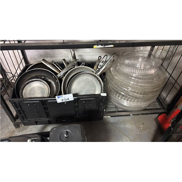 CLEAR PLASTIC CATERING TRAY LIDS & TOTE OF ASSORTED SAUT PANS