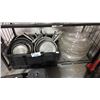 Image 1 : CLEAR PLASTIC CATERING TRAY LIDS & TOTE OF ASSORTED SAUT PANS