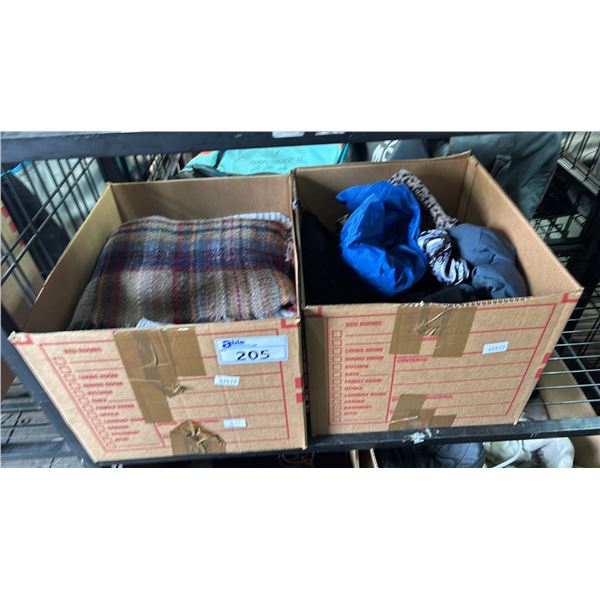 (2) BOXES OF ASSORTED BEDDING & CLOTHING