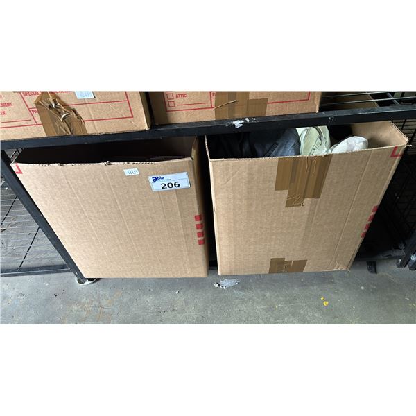 (2) BOXES OF ASSORTED CLOTHING, HANGERS & HEATING PAD