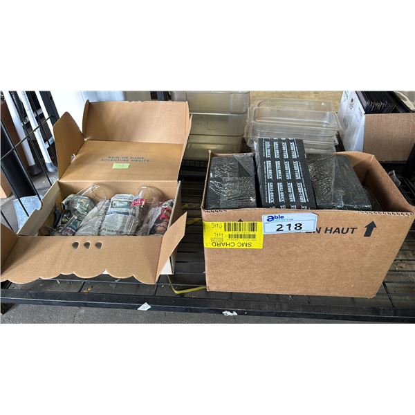 SHELF OF WINE GLASSES, BEER GLASSES & GRILL-BRICK GRILL CLEANING BRICKS