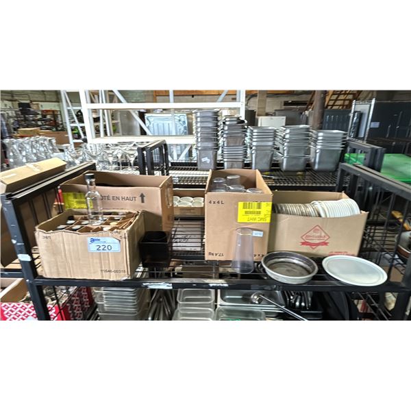 SHELF OF SMALL GLASS BOTTLES, GLASS CANDLE HOLDERS, PLASTIC CUPS, PIZZA HUT PLATES & MORE