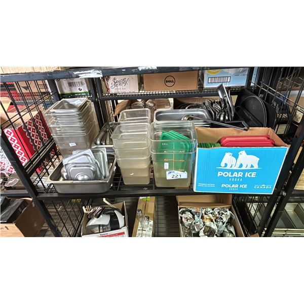 SHELF OF ASSORTED PLASTIC CONTAINERS, METAL FOOD SERVICE TRAYS, BAKING SHEETS & MORE