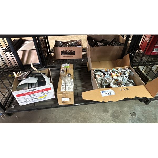 SHELF OF IRISH COFFEE MUGS, SALT & PEPPER SHAKERS, SMALL LADLES, SMALL METAL BOWLS & MORE