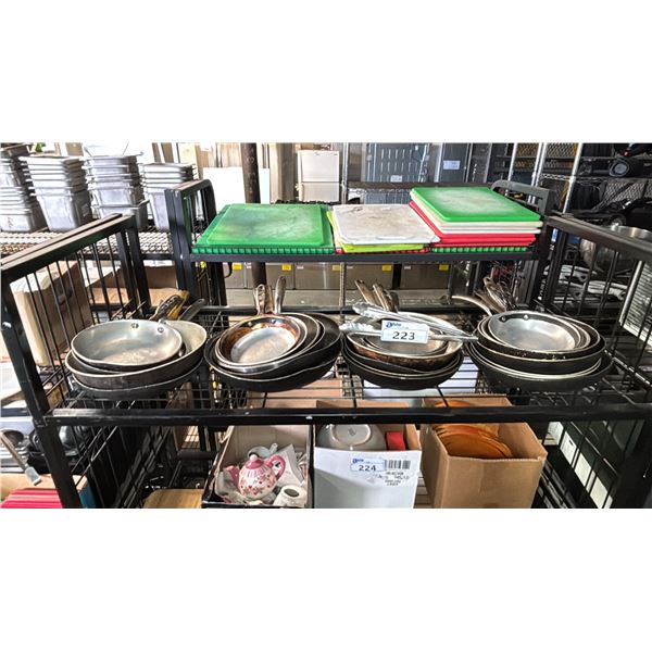 SHELF OF ASSORTED SAUTE PANS & A PAIR OF METAL TONGS