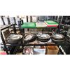 Image 1 : SHELF OF ASSORTED SAUTE PANS & A PAIR OF METAL TONGS