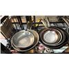 Image 2 : SHELF OF ASSORTED SAUTE PANS & A PAIR OF METAL TONGS