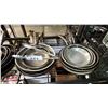 Image 3 : SHELF OF ASSORTED SAUTE PANS & A PAIR OF METAL TONGS