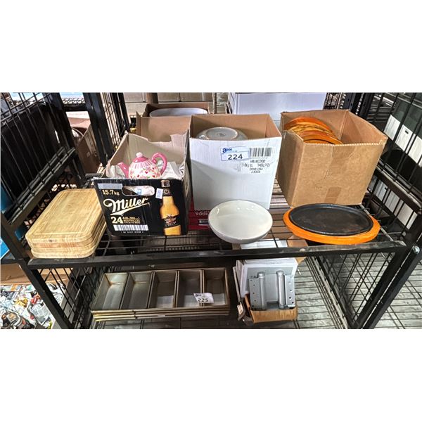 SMALL WOOD CUTTING BOARDS & (3) BOXES OF SMALL TEAPOTS, CAST IRON PLATES WITH WOOD TRIVETS & MORE
