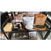 Image 1 : SMALL WOOD CUTTING BOARDS & (3) BOXES OF SMALL TEAPOTS, CAST IRON PLATES WITH WOOD TRIVETS & MORE