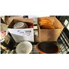 Image 3 : SMALL WOOD CUTTING BOARDS & (3) BOXES OF SMALL TEAPOTS, CAST IRON PLATES WITH WOOD TRIVETS & MORE