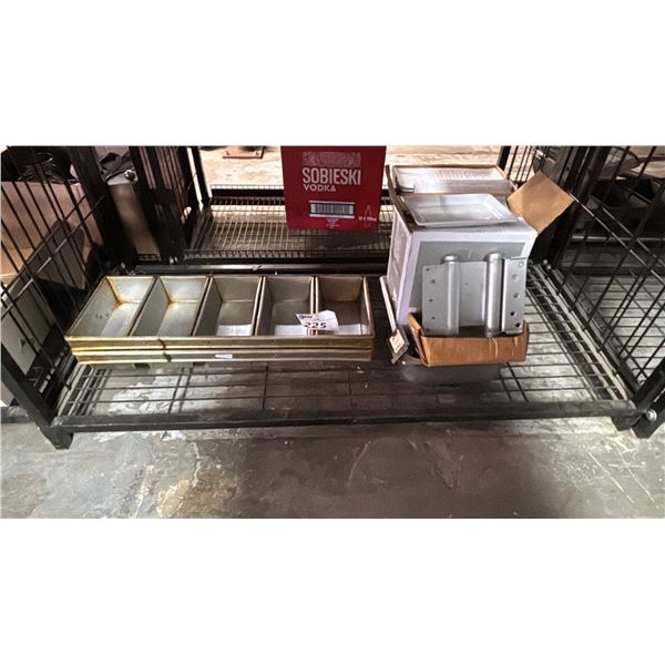 SHELF OF 5-STRAP BREAD PANS, DOUBLE ACTION SPRING HINGES, SMALL RECTANGULAR PLATES & MORE