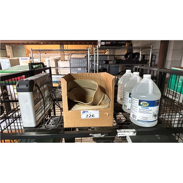 PESTNOT BUG ZAPPER, ROLL OF VINYL STRAPPING & 3 X 4L JUGS OF ZEP HARD WATER DISHWASHER DETERGENT