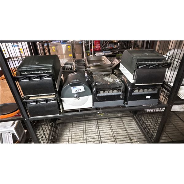 SHELF OF ASSORTED WALL MOUNT COMMERCIAL PAPER TOWEL DISPENSERS