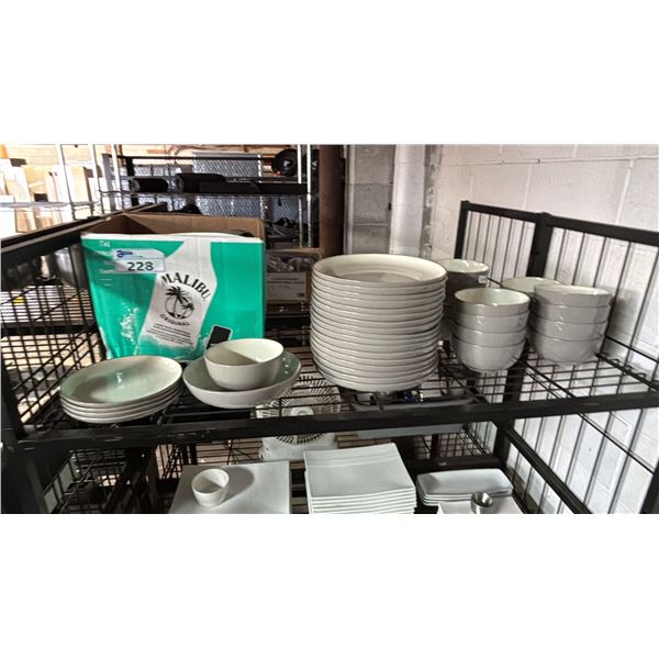SHELF OF ASSORTED GREY DISHWARE