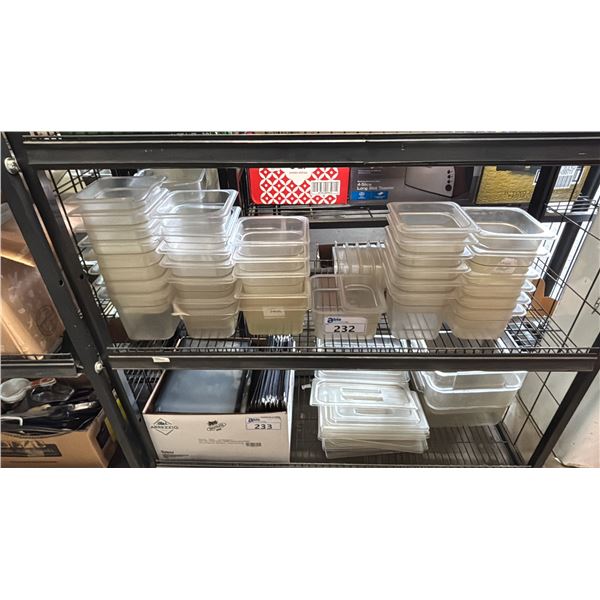 SHELF OF ASSORTED PLASTIC FOOD SERVICE CONTAINERS