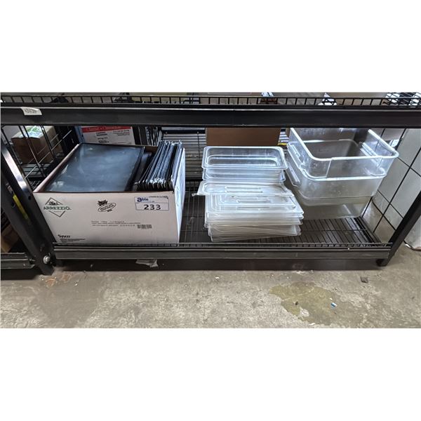 SHELF OF MENU COVERS & PLASTIC FOOD SERVICE CONTAINERS WITH LIDS