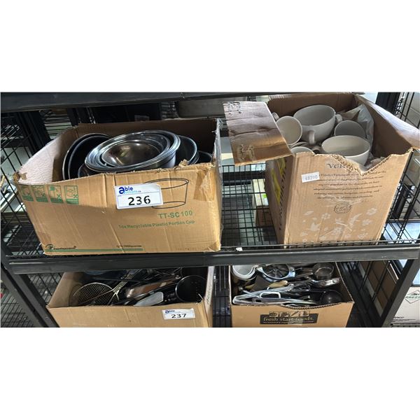 SHELF OF ASSORTED COFFEE CUPS & ASSORTED STAINLESS STEEL BOWLS