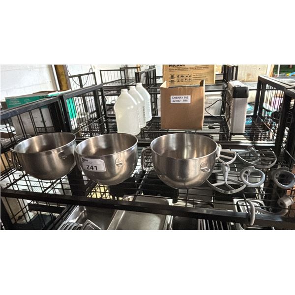 (3) STAINLESS STEEL MIXING BOWLS & ASSORTED MIXER ATTACHMENTS