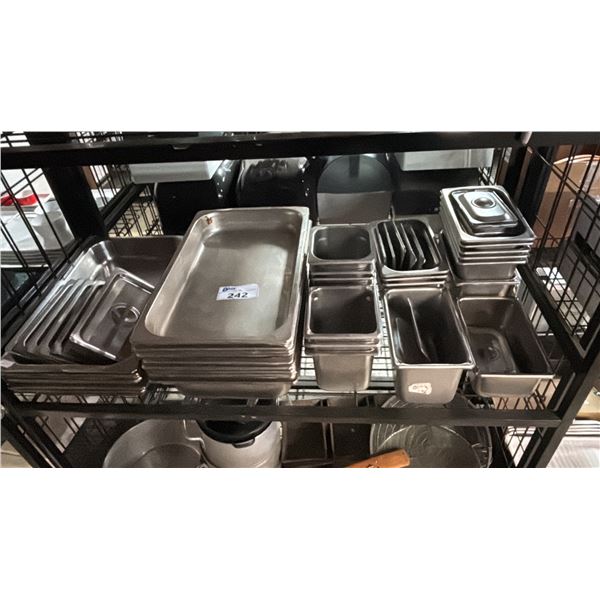 SHELF OF ASSORTED BAKING PANS, BREAD PANS & METAL FOOD SERVICE CONTAINERS