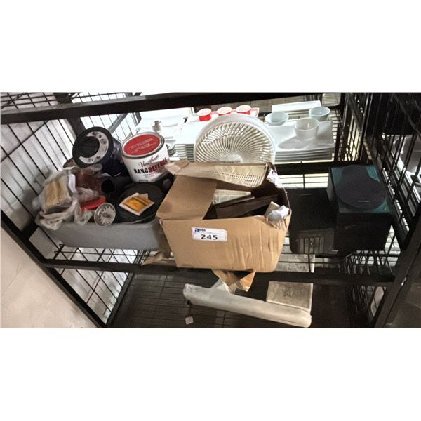 SHELF OF SPEAKERS, PAINT CANS, METAL SLOT WALL SHELF BRACKETS & MORE