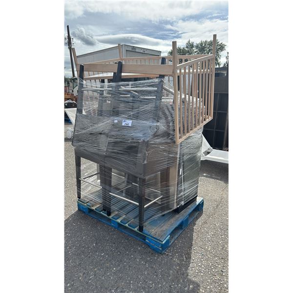 PALLET OF ASSORTED ITEMS: STAINLESS STEEL DISHWASHERS, CRIB & BAR STOOL *UNKNOWN WORKING CONDITION*