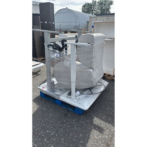 PALLET OF ASSORTED ITEMS: HEIGHT ADJUSTABLE ELECTRIC DESKS, VACUUMS & FABRIC SWIVEL POWER RECLINER