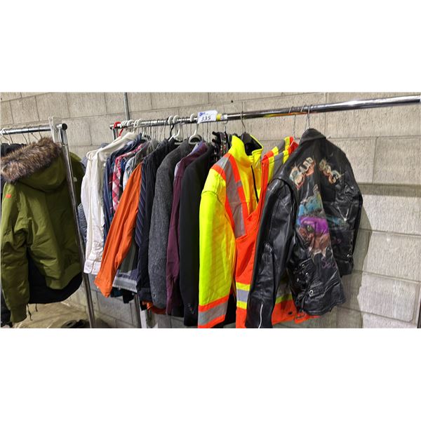 RACK OF ASSORTED CLOTHING  INCLUDING SHIRTS, WORK JACKET AND MORE (RACK NOT INCLUDED)