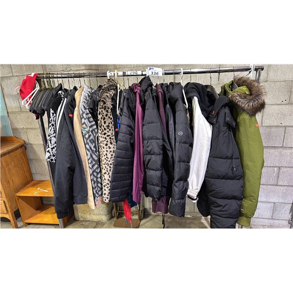 RACK OF ASSORTED CLOTHING INCLUDING WINTER JACKETS, SHIRTS AND MORE (RACK NOT INCLUDED)