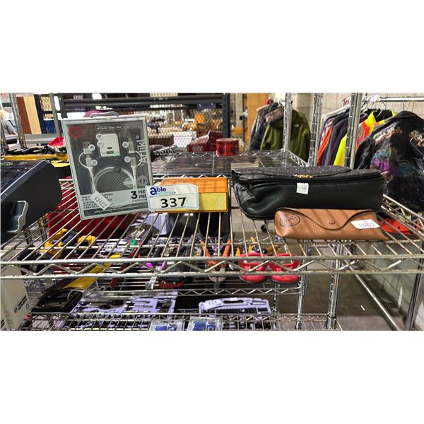 LOT OF ASSORTED ITEMS INCLUDING SUNGLASSES , WOMEN SLING BAG AND DUAL PHONE CHARGER.
