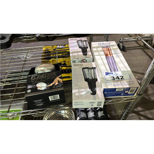 ASSORTED ITEMS INCLUDES UNBOUND HAIR STRAIGHTENER, QUO BEAUTY MINI WAVER AND HAIR REMOVER