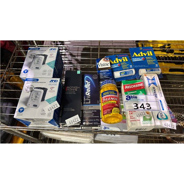 ASSORTED ITEMS INCLUDING ESSENTIAL BLOOD PRESSURE MONITOR, DR. JOE'S LIV RELIEF, BIOHERM COMFORT GEL