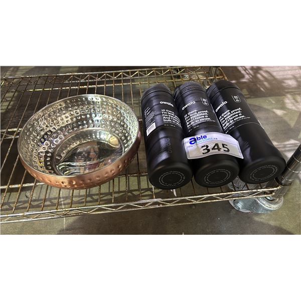 3 OWALA INSULATED WATER BOTTLES AND A STAINLESS STEEL BOWL