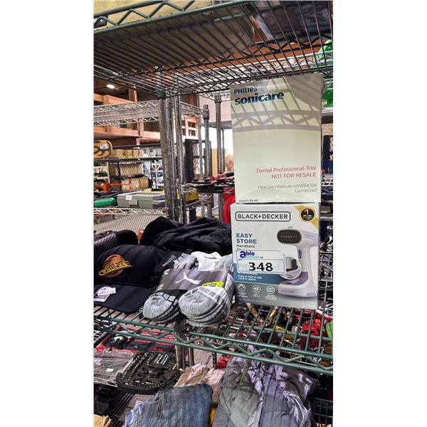 ASSORTED ITEMS INCLUDING PHILIPS SONICARE ELECTRIC BRUSH, BLACK DECKER STEAMER, PACK OF SOCKS AND