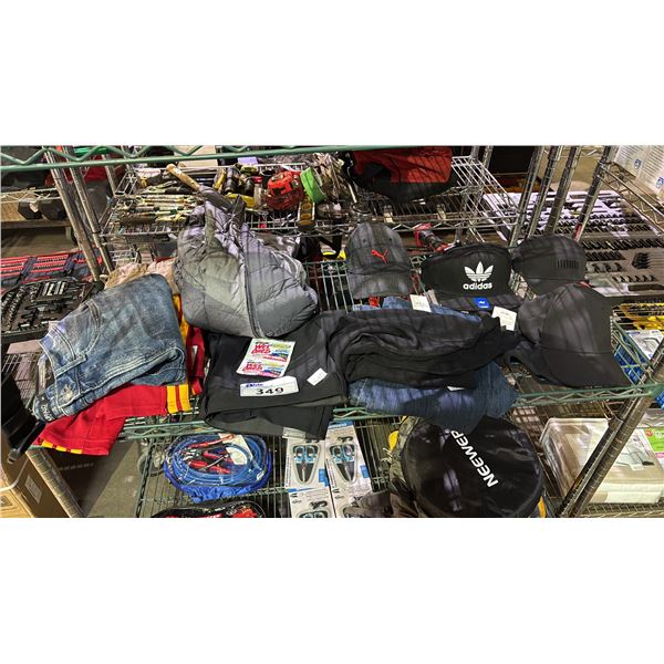 SHELF LOT ASSORTED CLOTHING ITEMS INCLUDING CAPS , JACKETS AND MORE