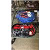 Image 2 : SHELF LOT OF ASSORTED ITEMS INCLUDING BOOSTER CABLES, SHIMANO STAINLESS STEEL SCISSORS AND BAGS