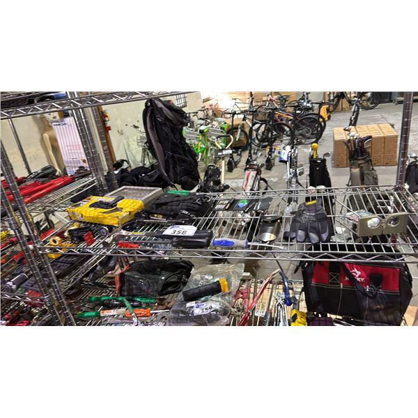 SHELF OF ASSORTED HANDTOOLS, DISPOSABLE GLOVES AND MORE