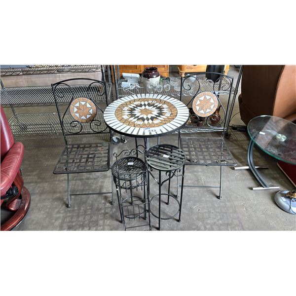 CAST IRON MOSAIC TOP TABLE WITH 2 CHAIRS, WALL HANGING ORGANIZER & (2) PLANT STANDS