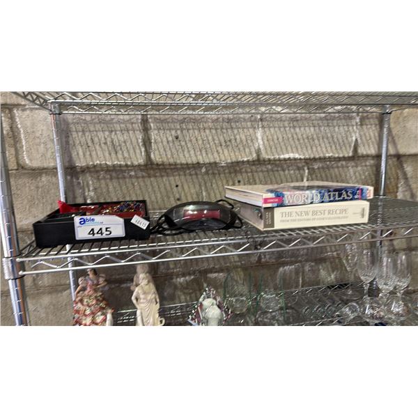 SHELF OF ASSORTED FASHION JEWELRY, WORLD ATLAS, RECIPE BOOK & SYLVANIA RADIO ALARM CLOCK