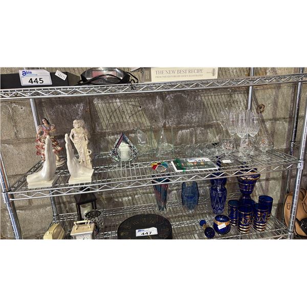 SHELF OF ASSORTED GLASSWARE, CANDLE HOLDERS, STATUETTES & HAND SHAPED BOOKENDS