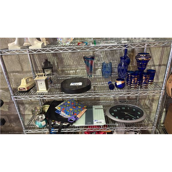 SHELF OF ART GLASS VASES, BLUE & GILT GLASS DECANTER SET, WALL CLOCK, CANDLE HOLDERS & MORE