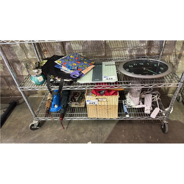 SHELF OF ASSORTED GIFT BAGS, SCENTED CANDLES, LAICA DIGITAL BODY WEIGH SCALE & WALL CLOCK