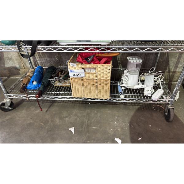 SHELF OF UMBRELLAS, SUNGLASSES, WATER FLOSSER, PLASTIC CONTAINERS, HAIR DRYER & MORE