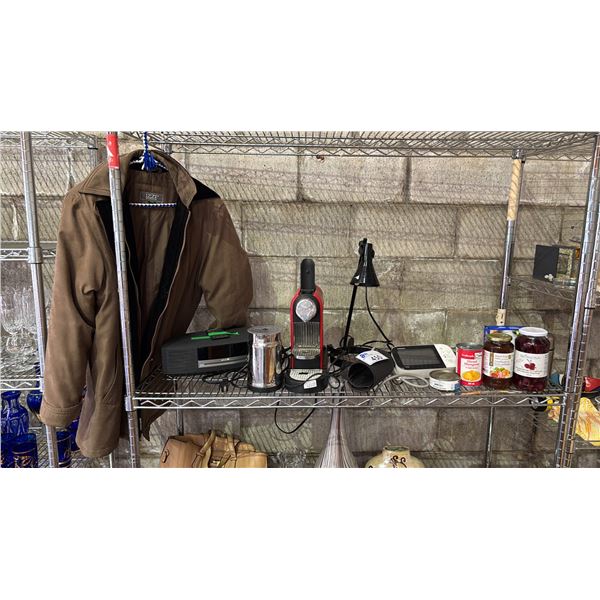 SHELF OF ASSORTED SCREWDRIVERS, BOSE WAVE MUSIC SYSTEM, NESPRESSO MACHINE, IZZI JACKET & MORE