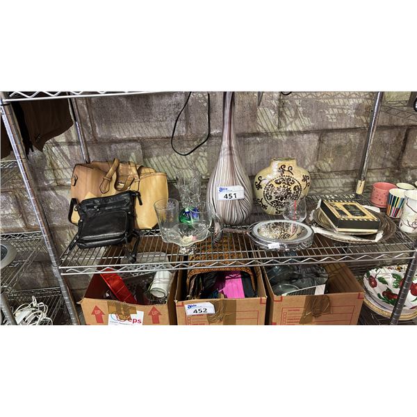 SHELF OF ASSORTED PURSES, LED MIRROR , ASSORTED VASES & MORE
