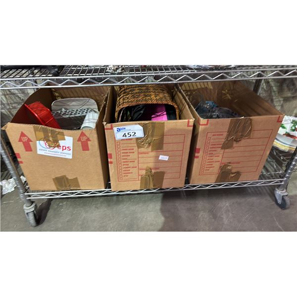 (3) BOXES OF ASSORTED ITEMS: GIFT BAGS, BOOKS & KITCHEN WARE