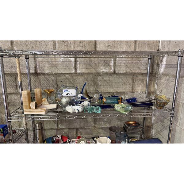 SHELF OF ONYX BOOKENDS, TEA LIGHT CANDLE HOLDERS, ART GLASS SAILBOATS, ART GLASS VASES & MORE
