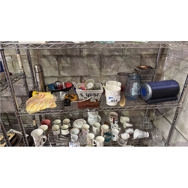 SHELF OF ASSORTED MUSIC CDS, CD HOLDER, PLANT POTS, DRINKING GLASSES, CANDLE SNUFFER & MORE